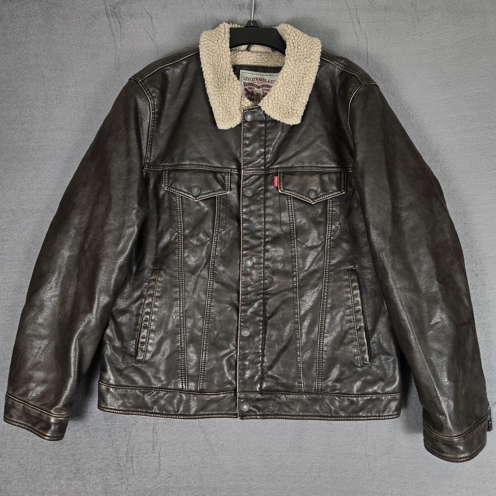 Levis Faux Leather Sherpa Aviator Bomber Jacket Men Large 46 Dark Brown Full Zip